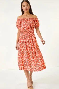 Roman Coral Petite Ditsy Bardot Midi Dress