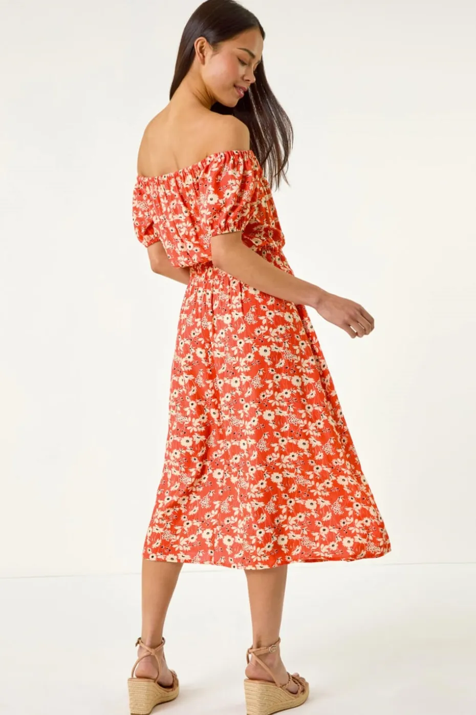 Roman Coral Petite Ditsy Bardot Midi Dress