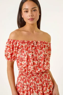 Roman Coral Petite Ditsy Bardot Midi Dress