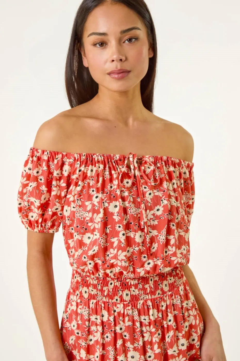 Roman Coral Petite Ditsy Bardot Midi Dress