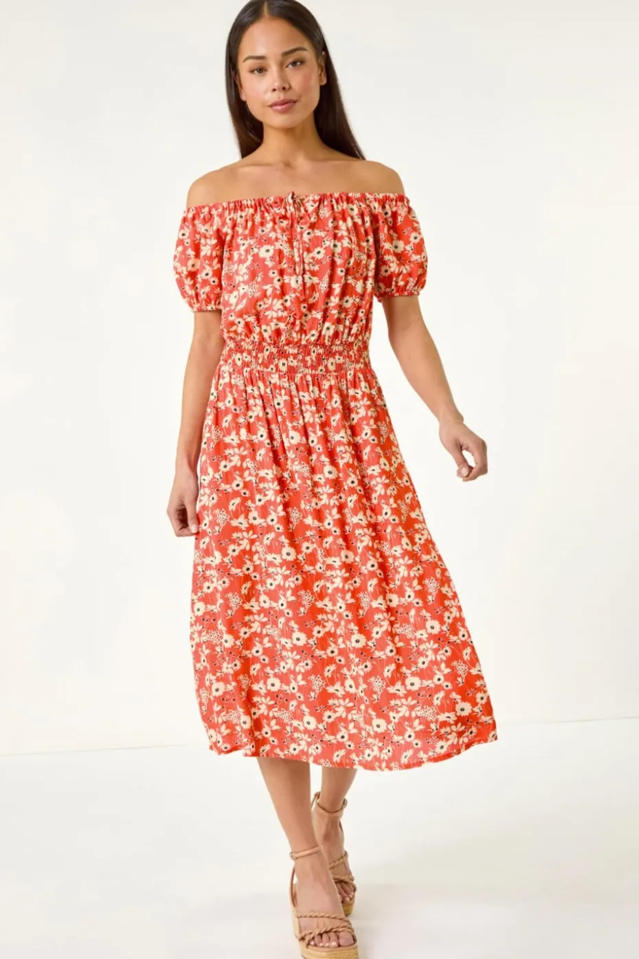 Roman Coral Petite Ditsy Bardot Midi Dress