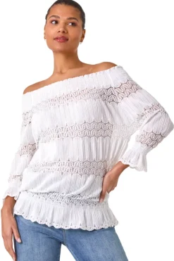 Roman Cream Lace Insert Frill Bardot Top