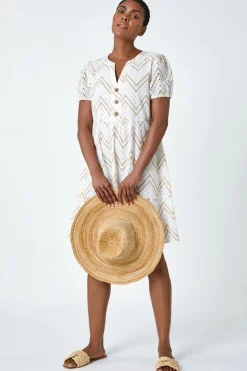 Roman Cream Zig-Zag Embroidered Cotton Tunic Dress