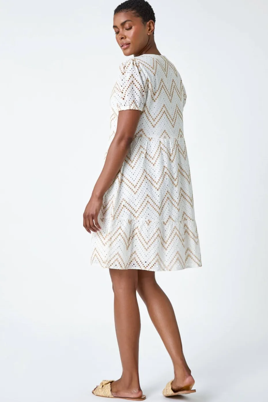 Roman Cream Zig-Zag Embroidered Cotton Tunic Dress