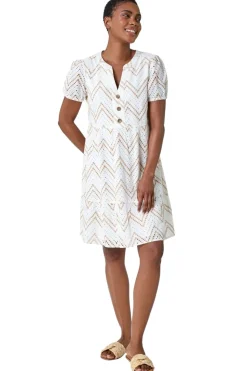Roman Cream Zig-Zag Embroidered Cotton Tunic Dress