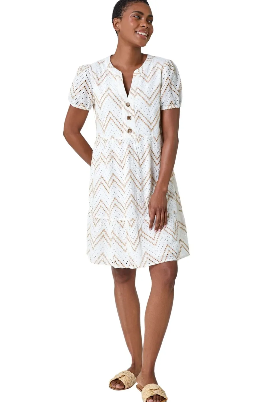 Roman Cream Zig-Zag Embroidered Cotton Tunic Dress