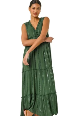 Roman Dark Green Sequin Tiered Maxi Dress
