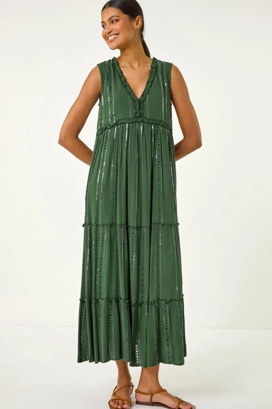 Roman Dark Green Sequin Tiered Maxi Dress