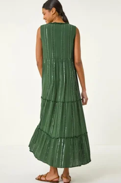 Roman Dark Green Sequin Tiered Maxi Dress