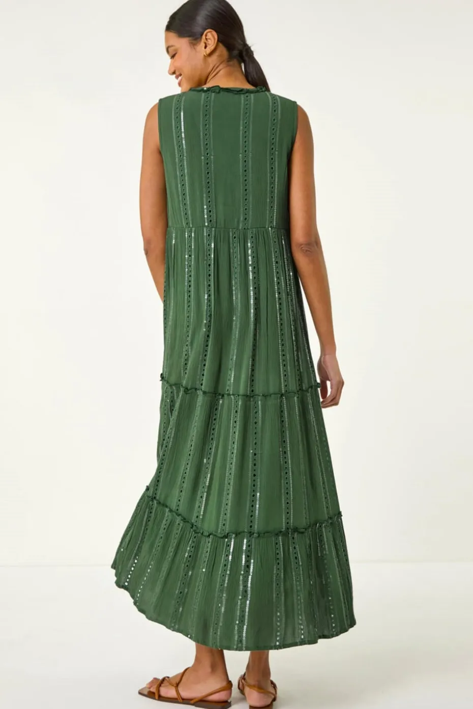 Roman Dark Green Sequin Tiered Maxi Dress