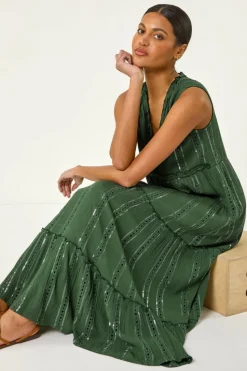 Roman Dark Green Sequin Tiered Maxi Dress