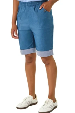 Roman Denim Bengaline Turn Up Stripe Stretch Shorts