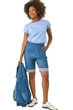 Roman Denim Bengaline Turn Up Stripe Stretch Shorts