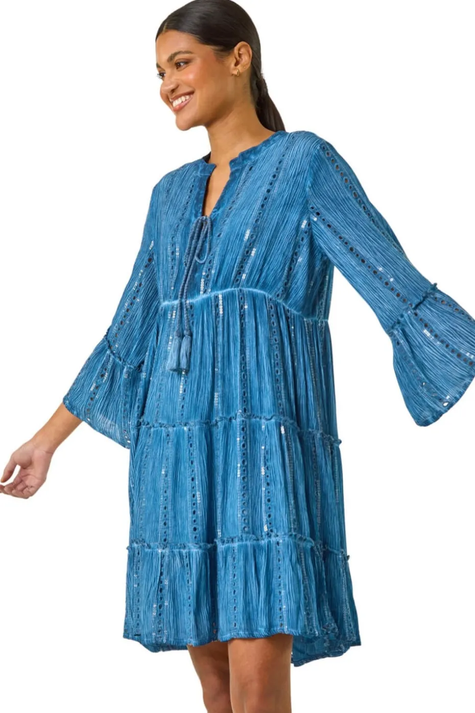 Roman Denim Shimmer Tie Detail Smock Dress