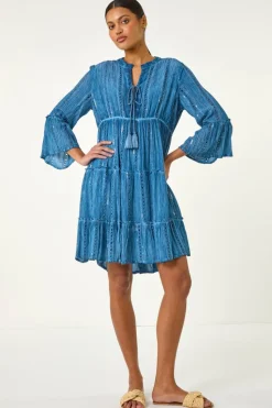 Roman Denim Shimmer Tie Detail Smock Dress