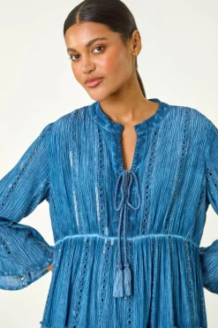 Roman Denim Shimmer Tie Detail Smock Dress