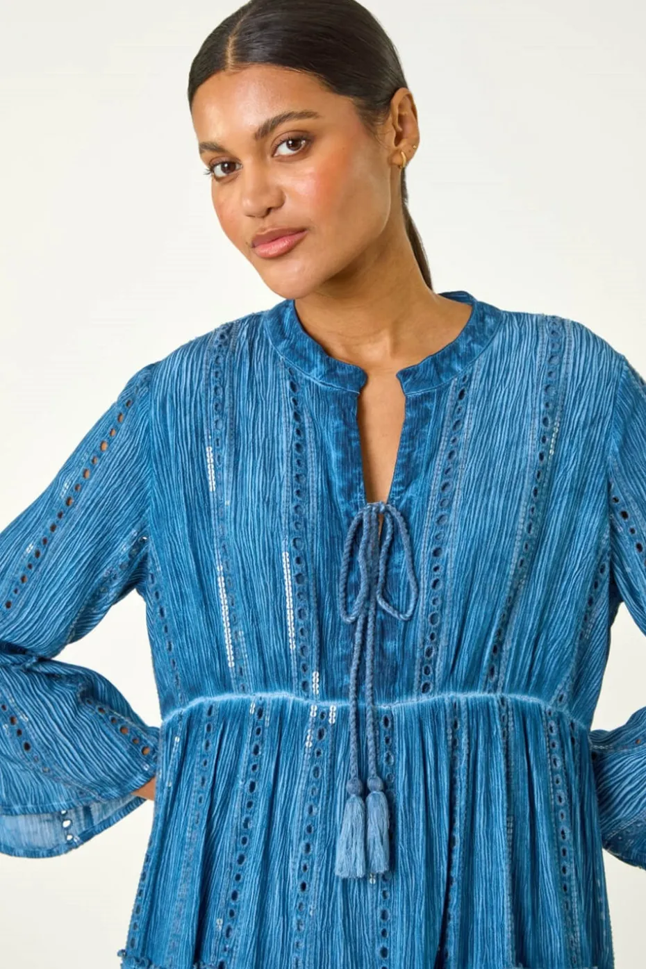 Roman Denim Shimmer Tie Detail Smock Dress