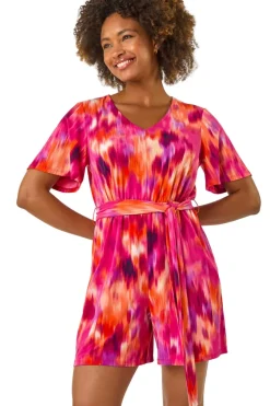 Roman Fuchsia Abstract Print Belted Playsuit