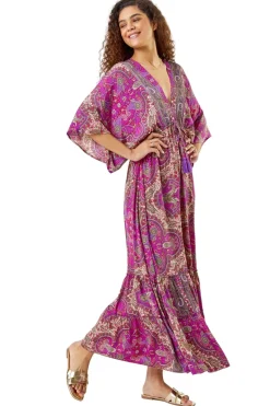 Roman Fuchsia Paisley Print Boho Maxi Dress