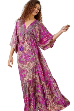 Roman Fuchsia Paisley Print Boho Maxi Dress