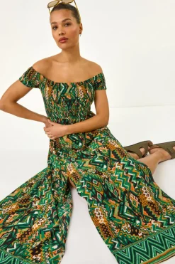 Roman Green Abstract Bardot Shirred Maxi Dress