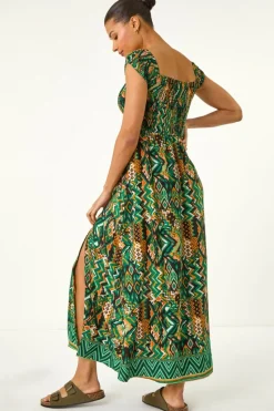 Roman Green Abstract Bardot Shirred Maxi Dress