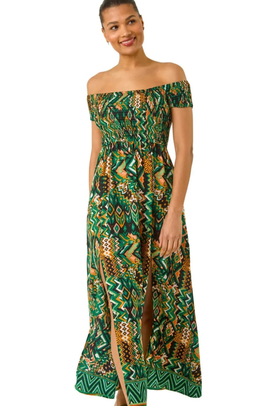 Roman Green Abstract Bardot Shirred Maxi Dress