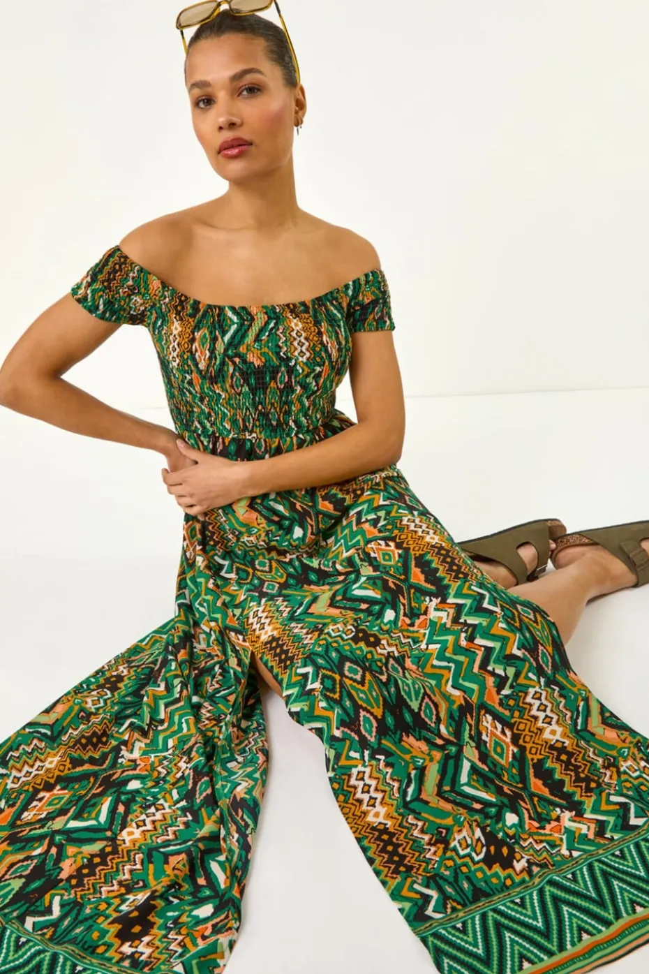 Roman Green Abstract Bardot Shirred Maxi Dress