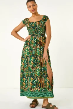 Roman Green Abstract Bardot Shirred Maxi Dress