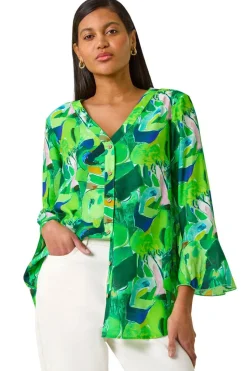Roman Green Abstract Print Flared Blouse