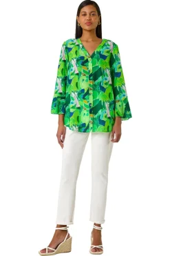Roman Green Abstract Print Flared Blouse