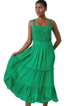 Roman Green Crochet Detail Cotton Blend Maxi Dress