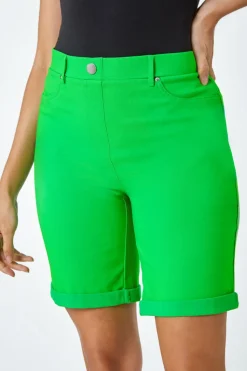 Roman Green Elastic Waist Turn Up Stretch Shorts