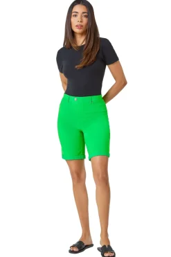 Roman Green Elastic Waist Turn Up Stretch Shorts