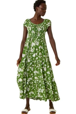 Roman Green Floral Print Tiered Maxi Dress