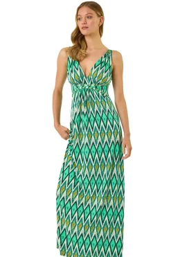 Roman Green Geometric V-Neck Maxi Dress