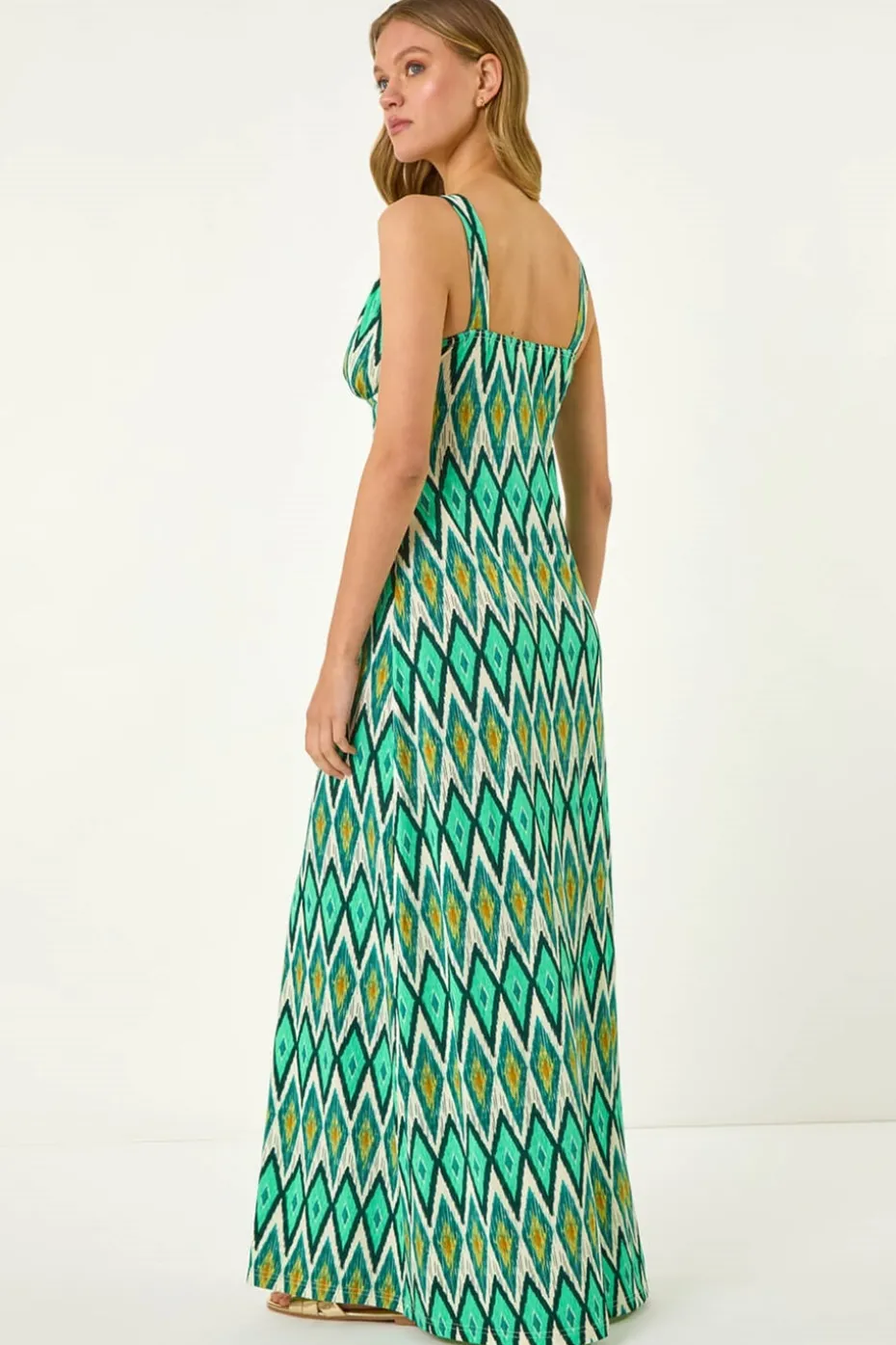 Roman Green Geometric V-Neck Maxi Dress