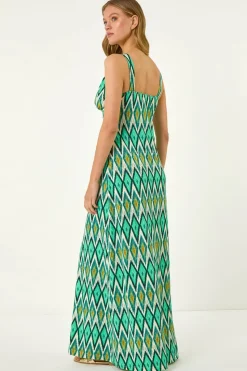 Roman Green Geometric V-Neck Maxi Dress