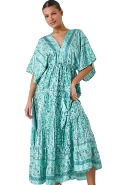 Roman Green Tie Back Tassel Detail Tiered Dress