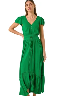 Roman Green Tiered Buttoned Maxi Dress