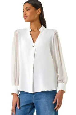 Roman Ivory Chiffon Sleeve V-Neck Pleated Top