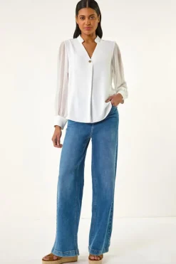 Roman Ivory Chiffon Sleeve V-Neck Pleated Top