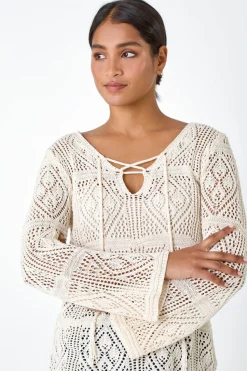 Roman Ivory Crochet Tie Front V-Neck Tunic Top