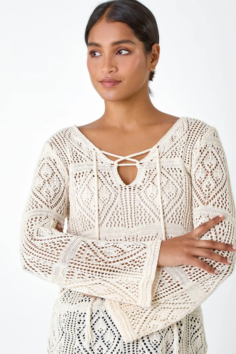 Roman Ivory Crochet Tie Front V-Neck Tunic Top