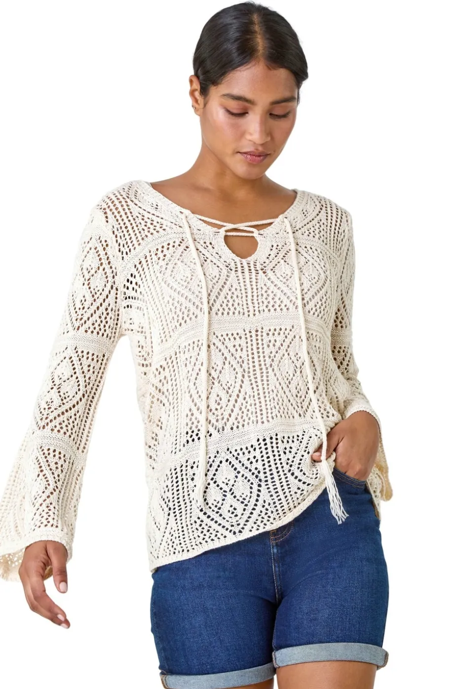 Roman Ivory Crochet Tie Front V-Neck Tunic Top