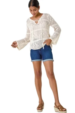 Roman Ivory Crochet Tie Front V-Neck Tunic Top