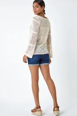 Roman Ivory Crochet Tie Front V-Neck Tunic Top