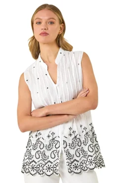 Roman Ivory Embroidered V-Neck Blouse