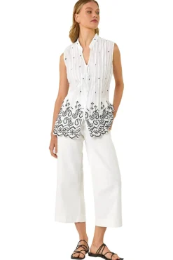 Roman Ivory Embroidered V-Neck Blouse