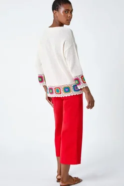 Roman Ivory Floral Crochet Hem Cotton Jumper